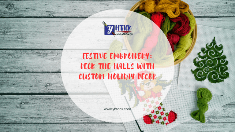 Image with yarns, knitting mat and the title 'Festive Embroidery: Deck the Halls with Custom Holiday Decor'